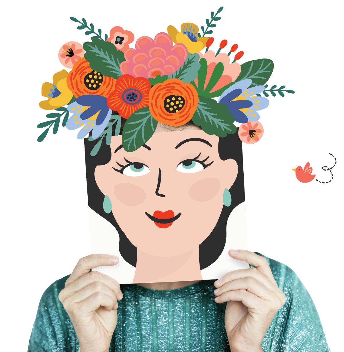 Francesca con un ritratto illustrato e una corona di fiori
